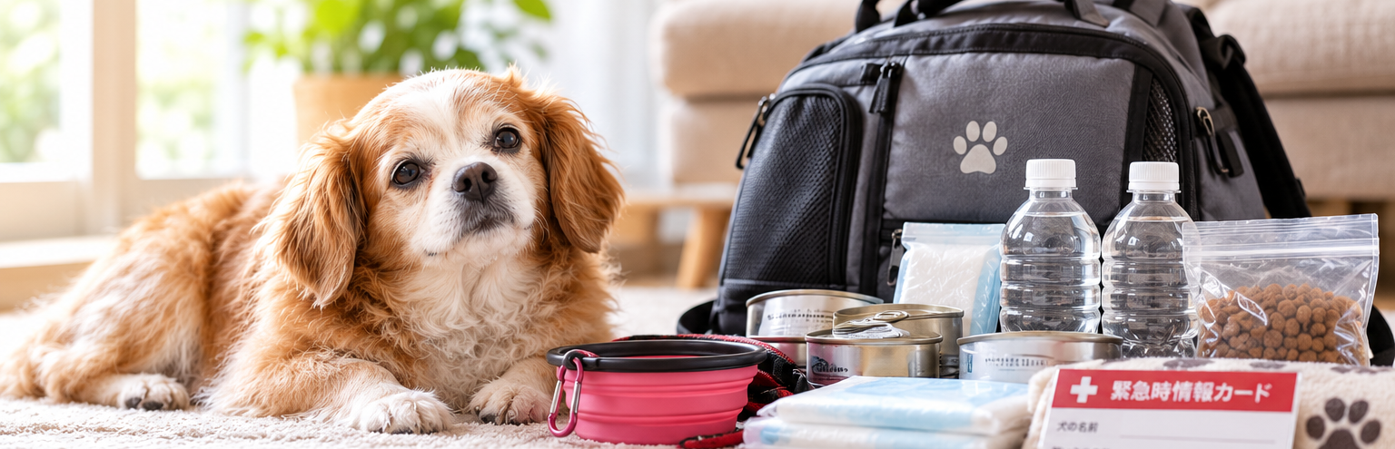 シニア犬のそばに避難リュックや非常食が置かれている様子