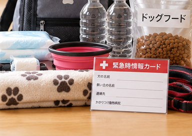避難リュック・非常食・防災カードなどが並んでいる様子