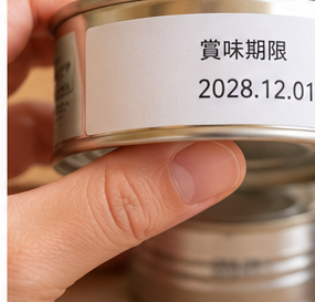非常食の賞味期限表示を確認している様子