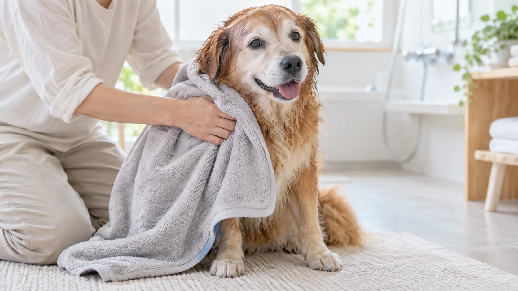 お風呂上がりに吸水タオルで体を拭いてもらっているシニア犬