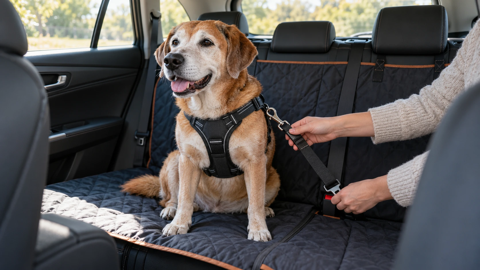 ドライブ用シートベルトで車内に固定されているシニア犬