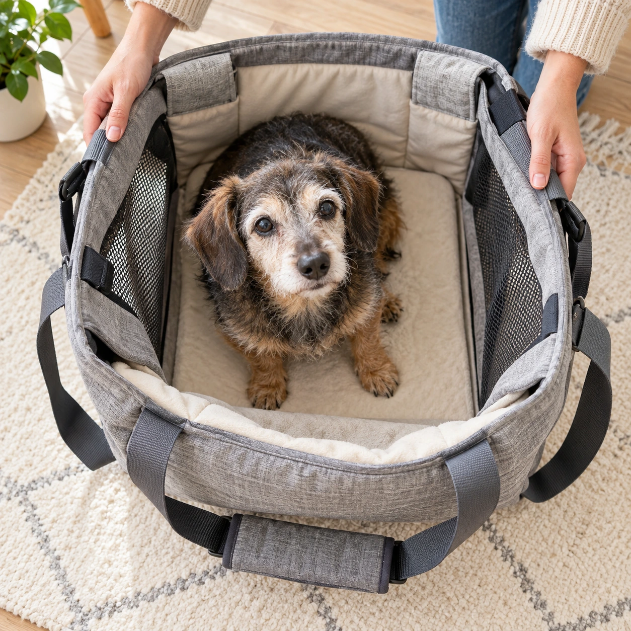 抱っこ紐・スリングが犬を支える構造・安定性を確認している様子