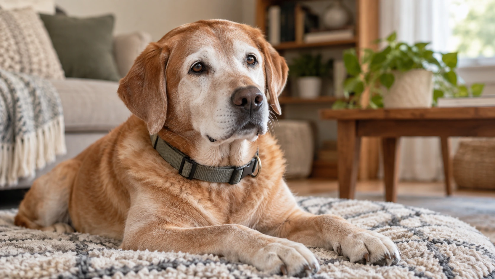 新しい首輪をつけて落ち着いているシニア犬の様子