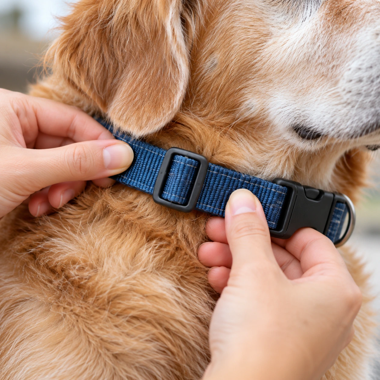 首輪のサイズを愛犬の首回りに合わせて調整している様子