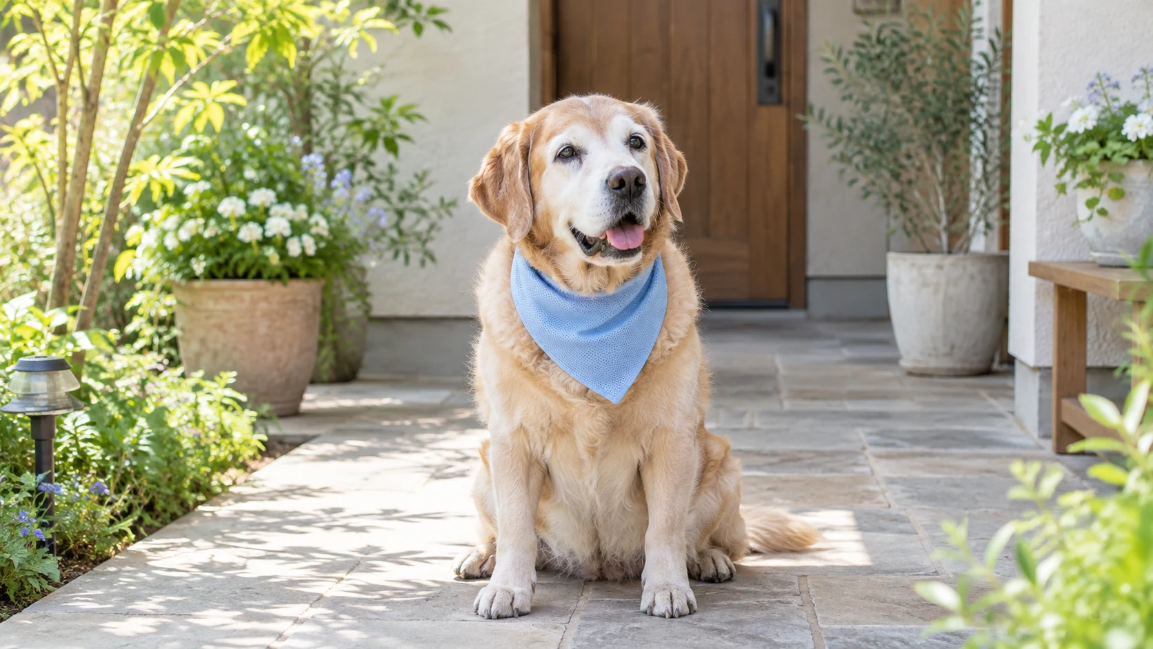 お散歩前にクールバンダナを着けるシニア犬の様子