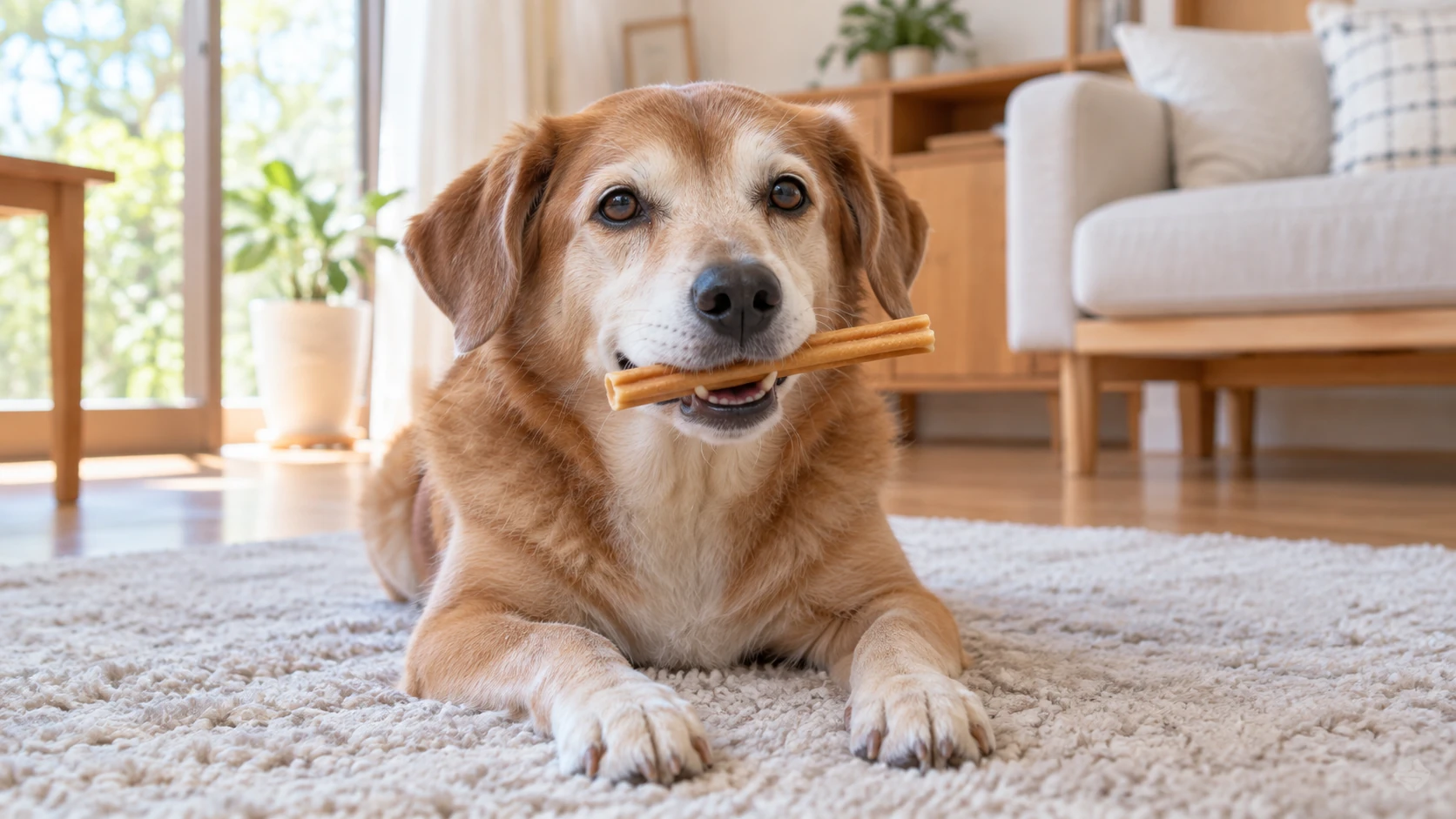 デンタルガムを噛んでいるシニア犬