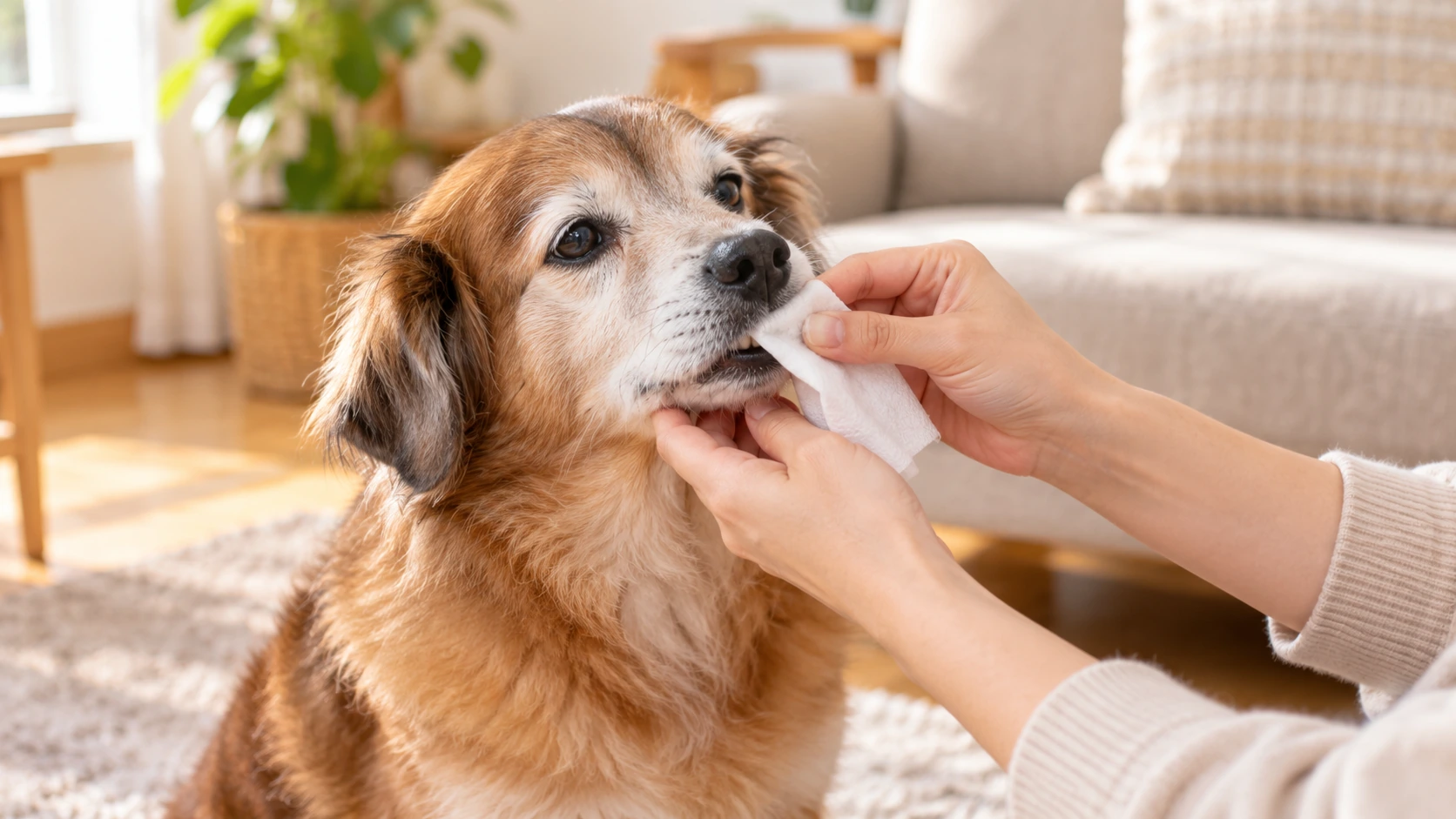 歯みがきシートで口元を優しく拭かれているシニア犬の様子