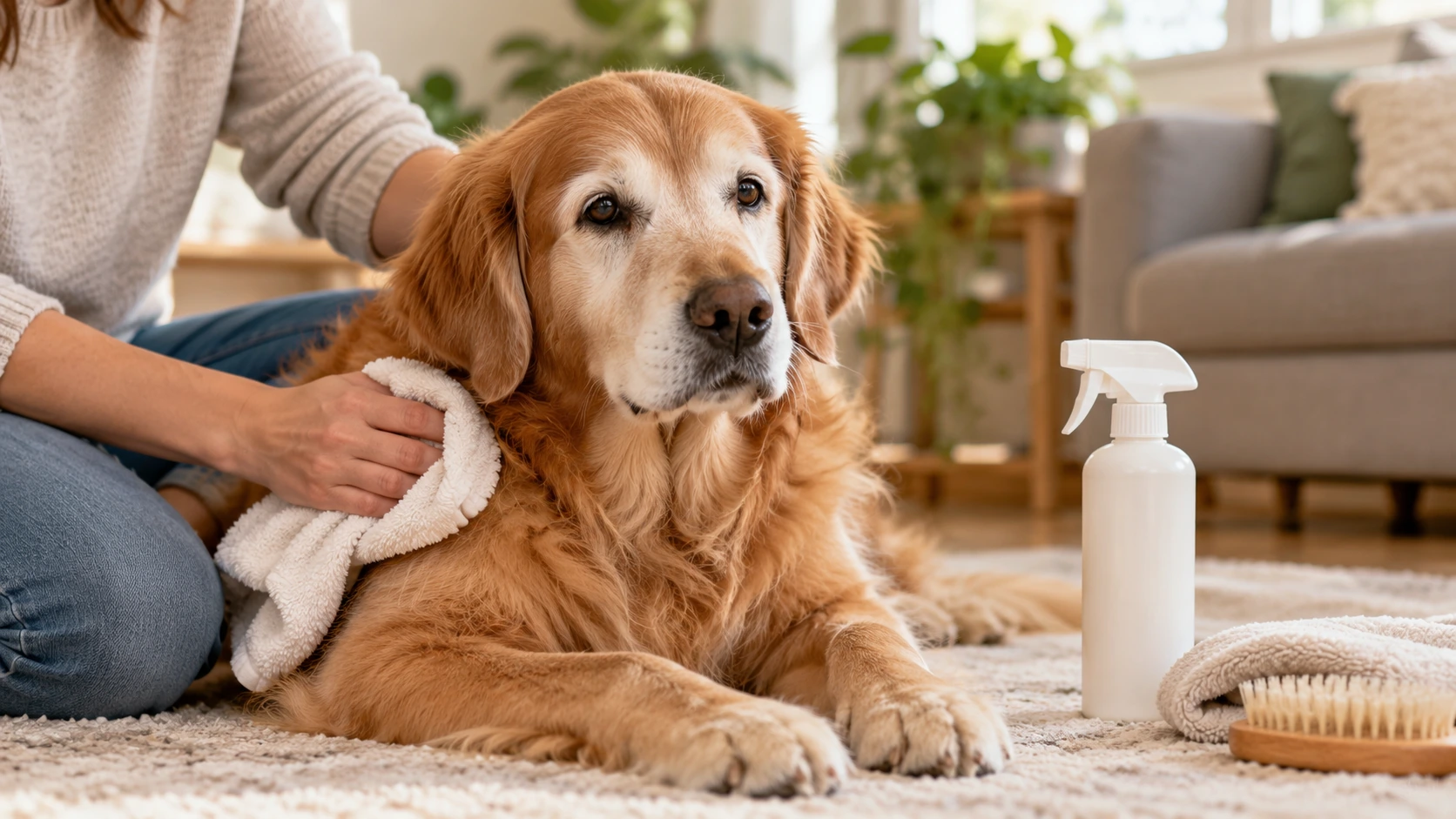 ドライシャンプーでケアされているシニア犬の様子