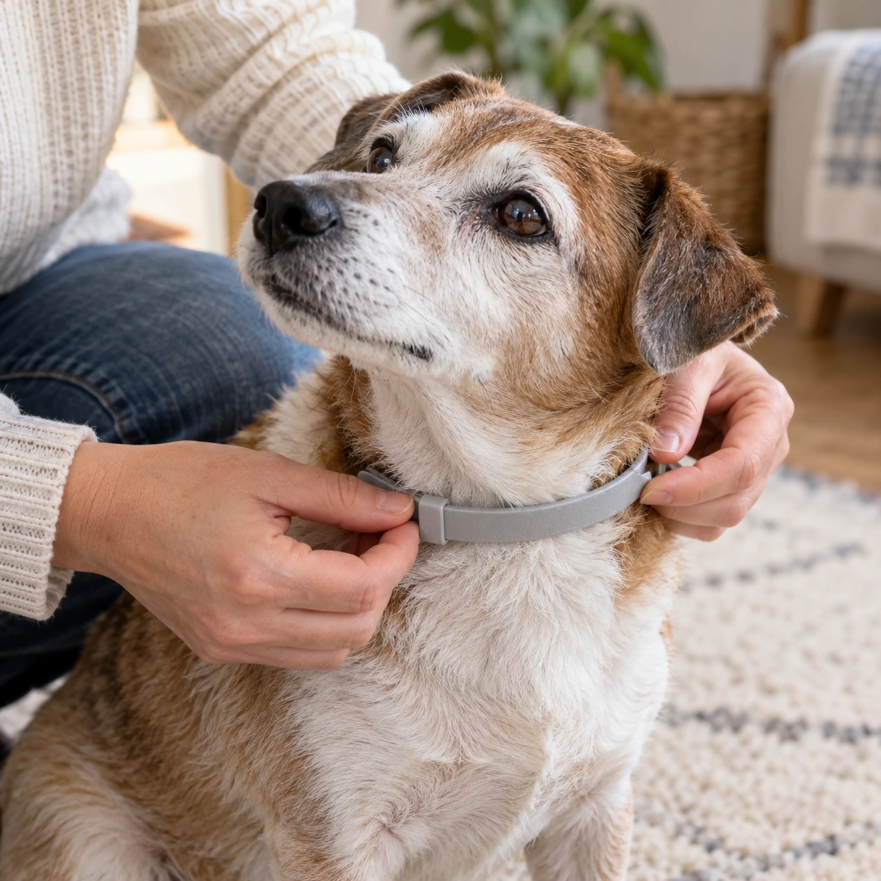 ノミ・ダニ予防首輪のサイズ・対応犬種を確認している様子