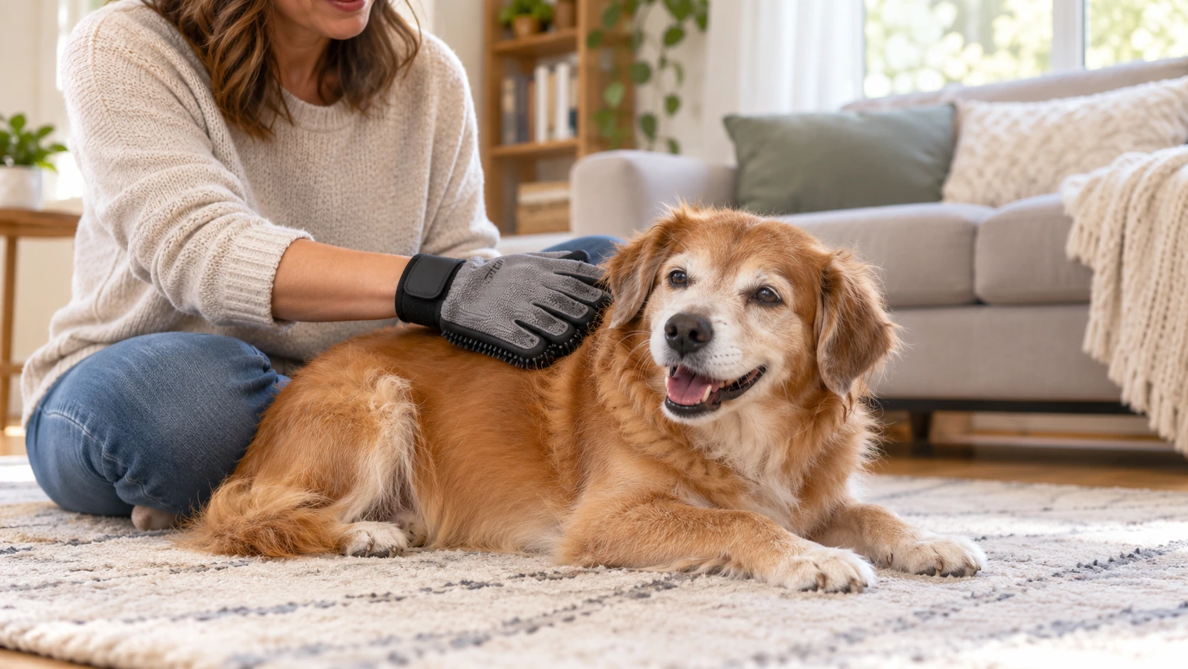 グルーミンググローブで撫でられているシニア犬