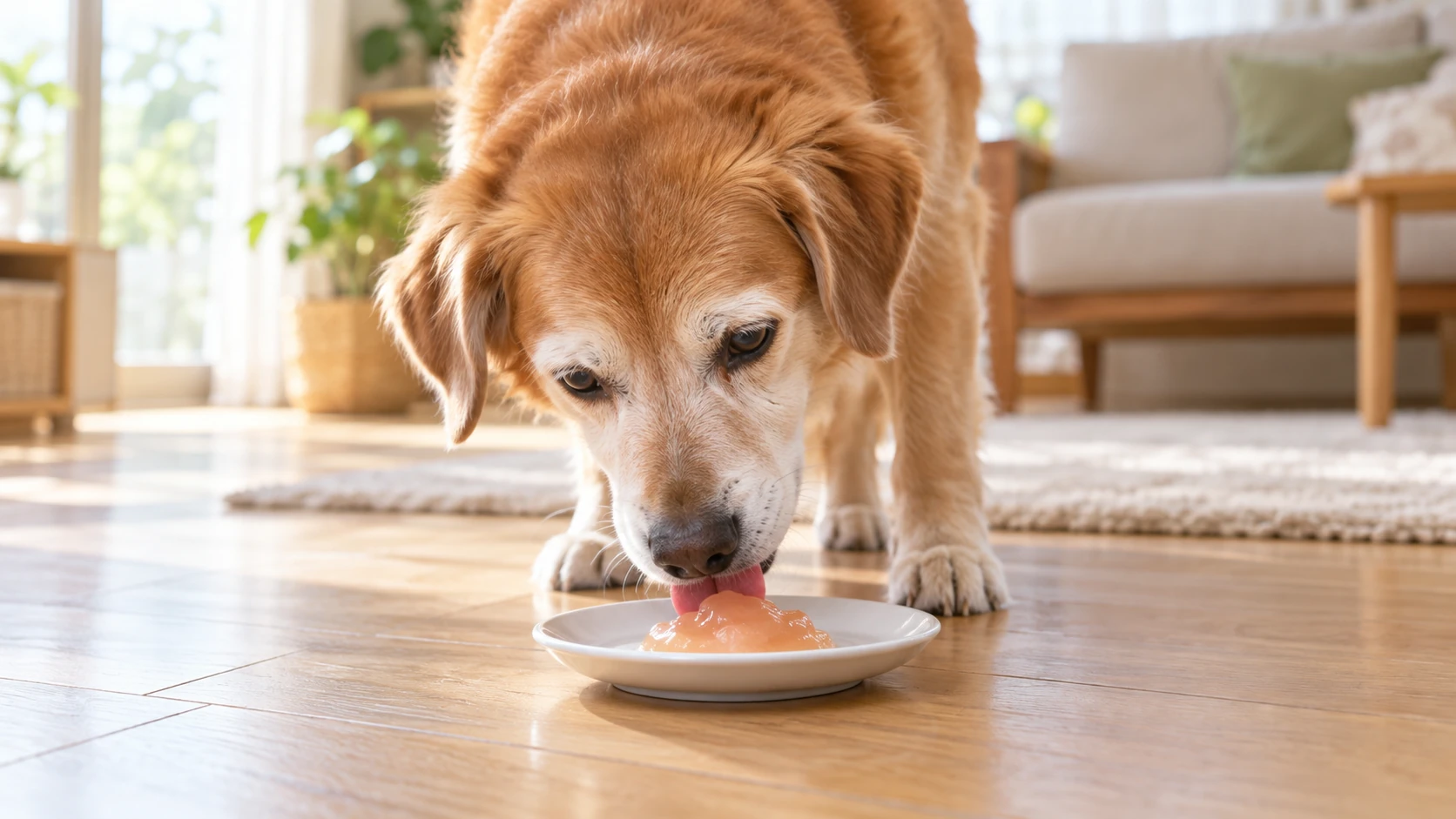 水分補給ゼリーを食べているシニア犬