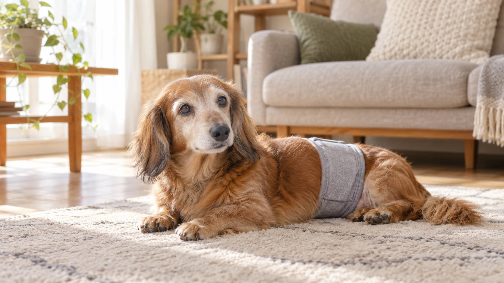 マナーベルトをつけて室内で落ち着いているシニア犬の様子