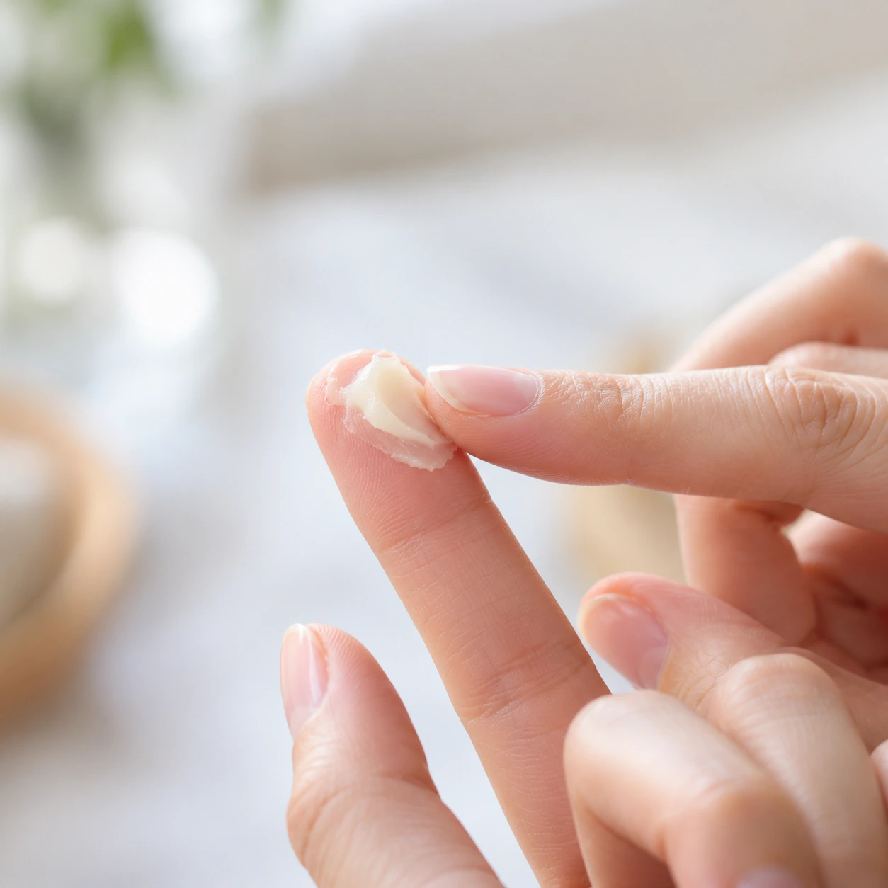 鼻バームの使用感を確認している様子