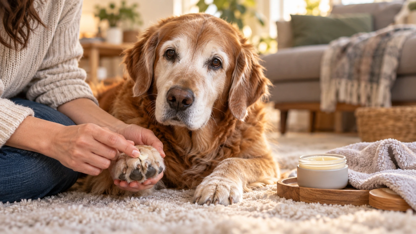 肉球クリームでケアされているシニア犬の様子