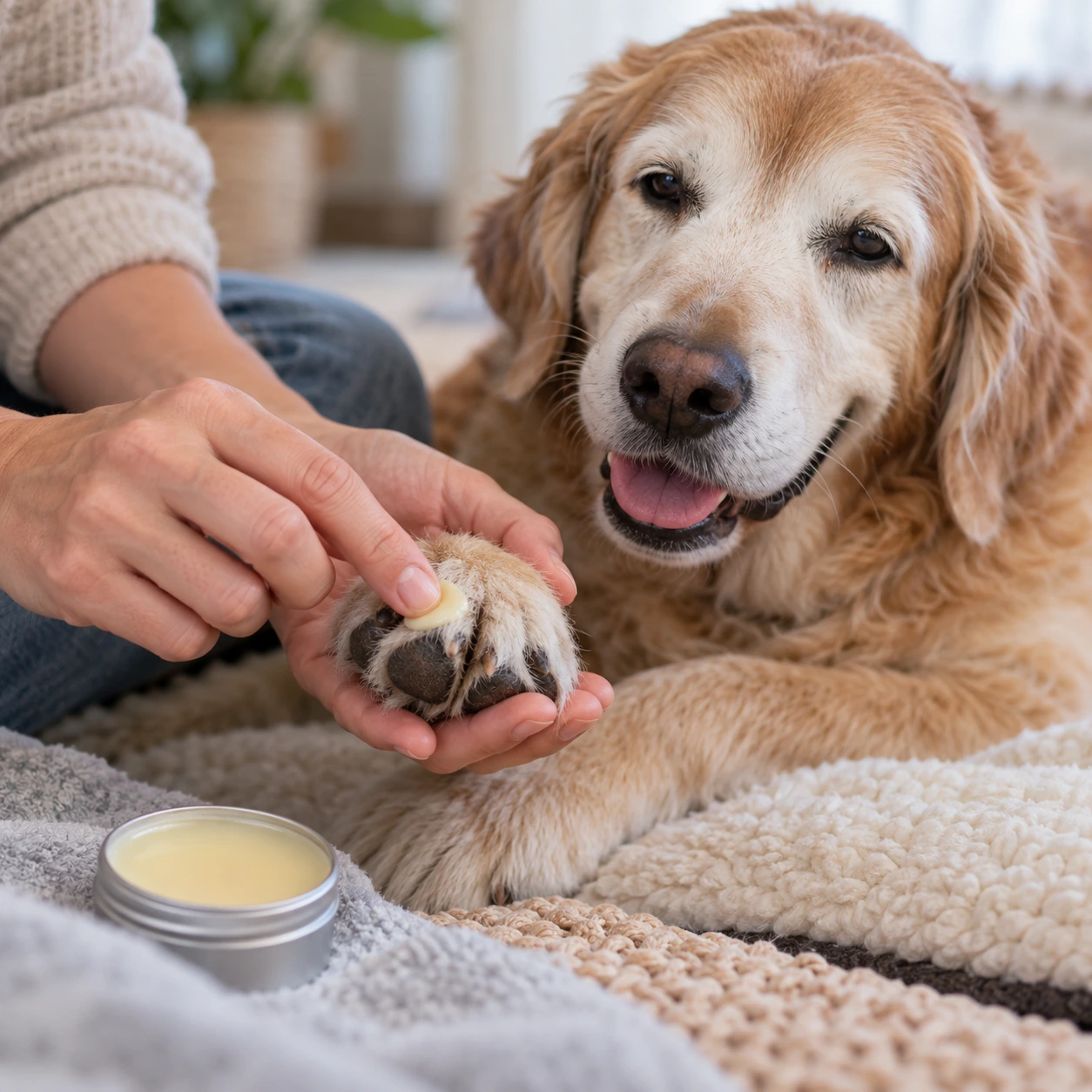肉球クリームを愛犬の肉球に塗っている様子