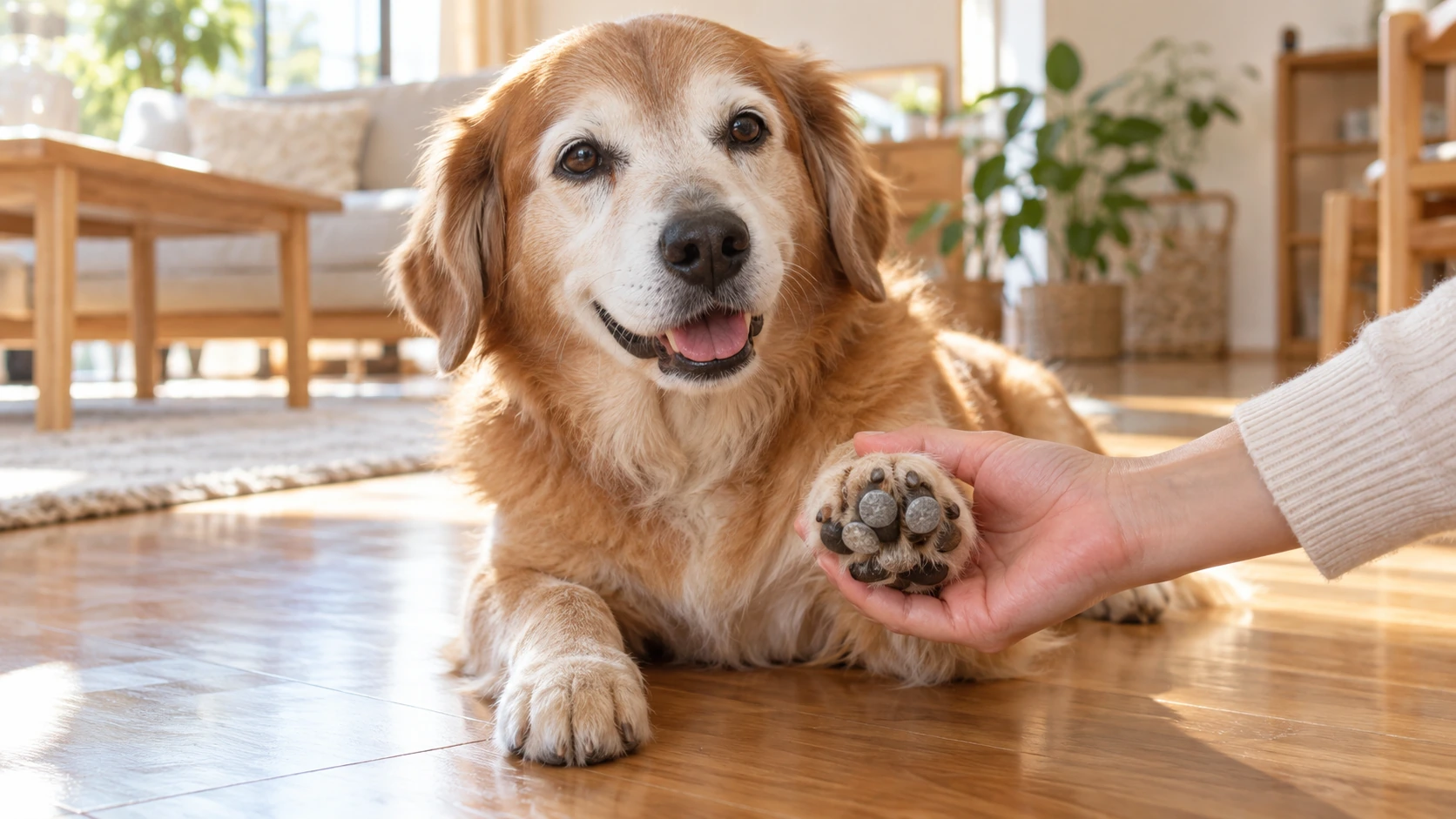 足裏に滑り止めシールを貼ってもらっているシニア犬