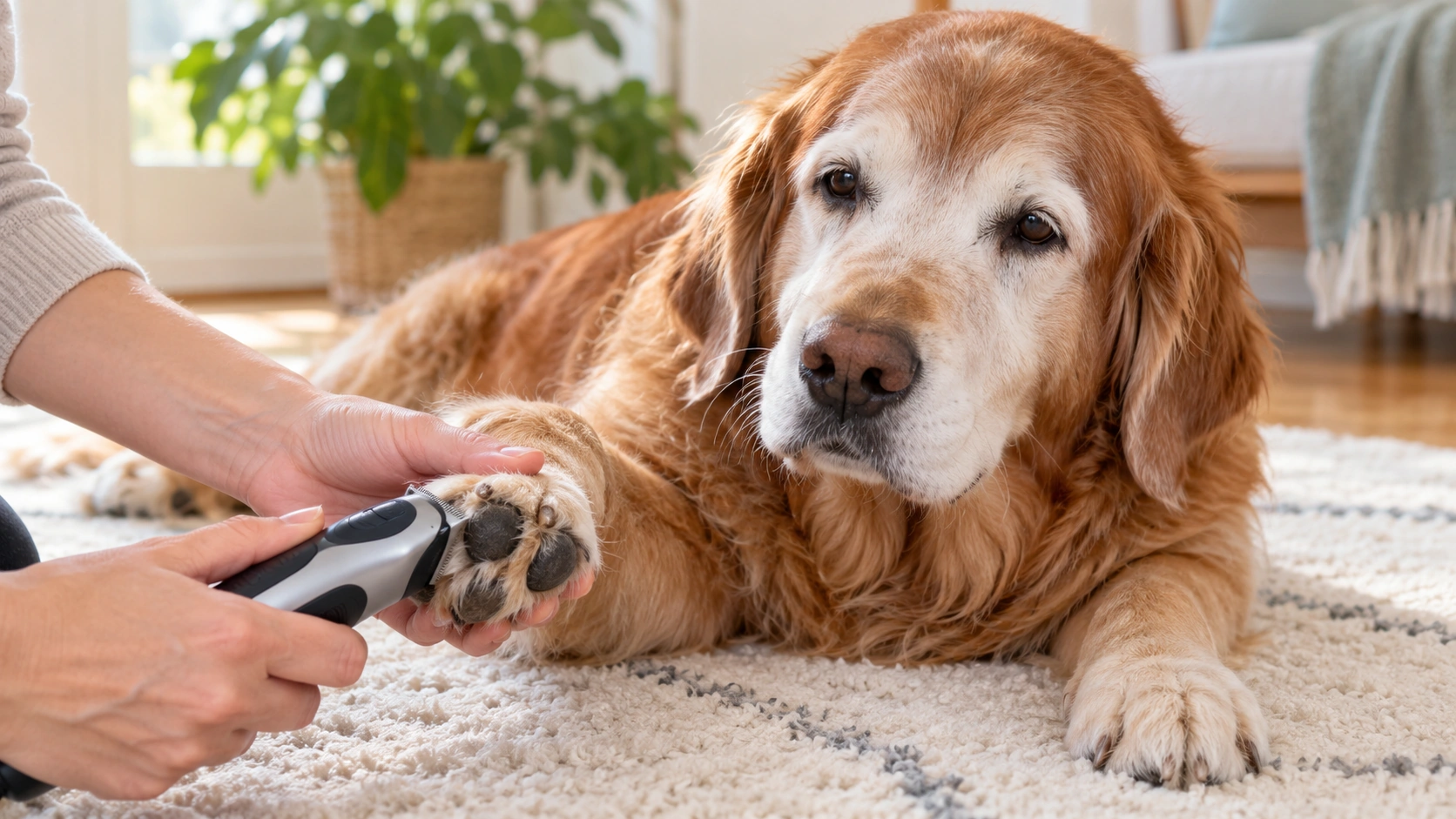 足裏の毛をバリカンでお手入れしてもらうシニア犬