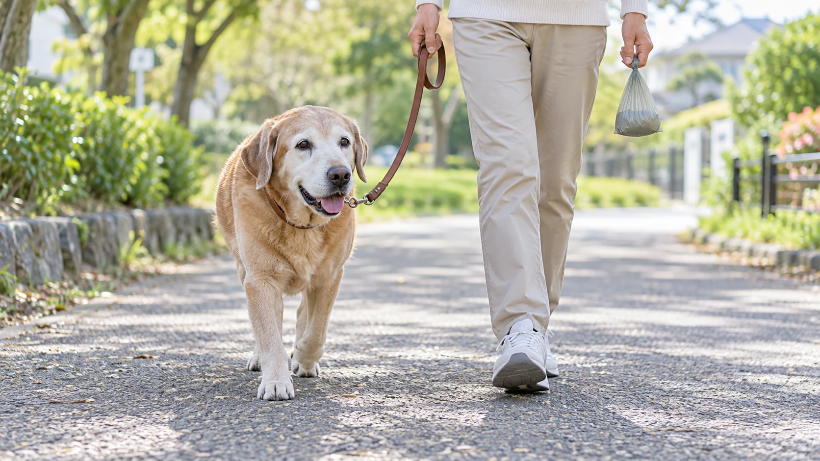 お散歩中にマナー袋を手にする飼い主とシニア犬の様子