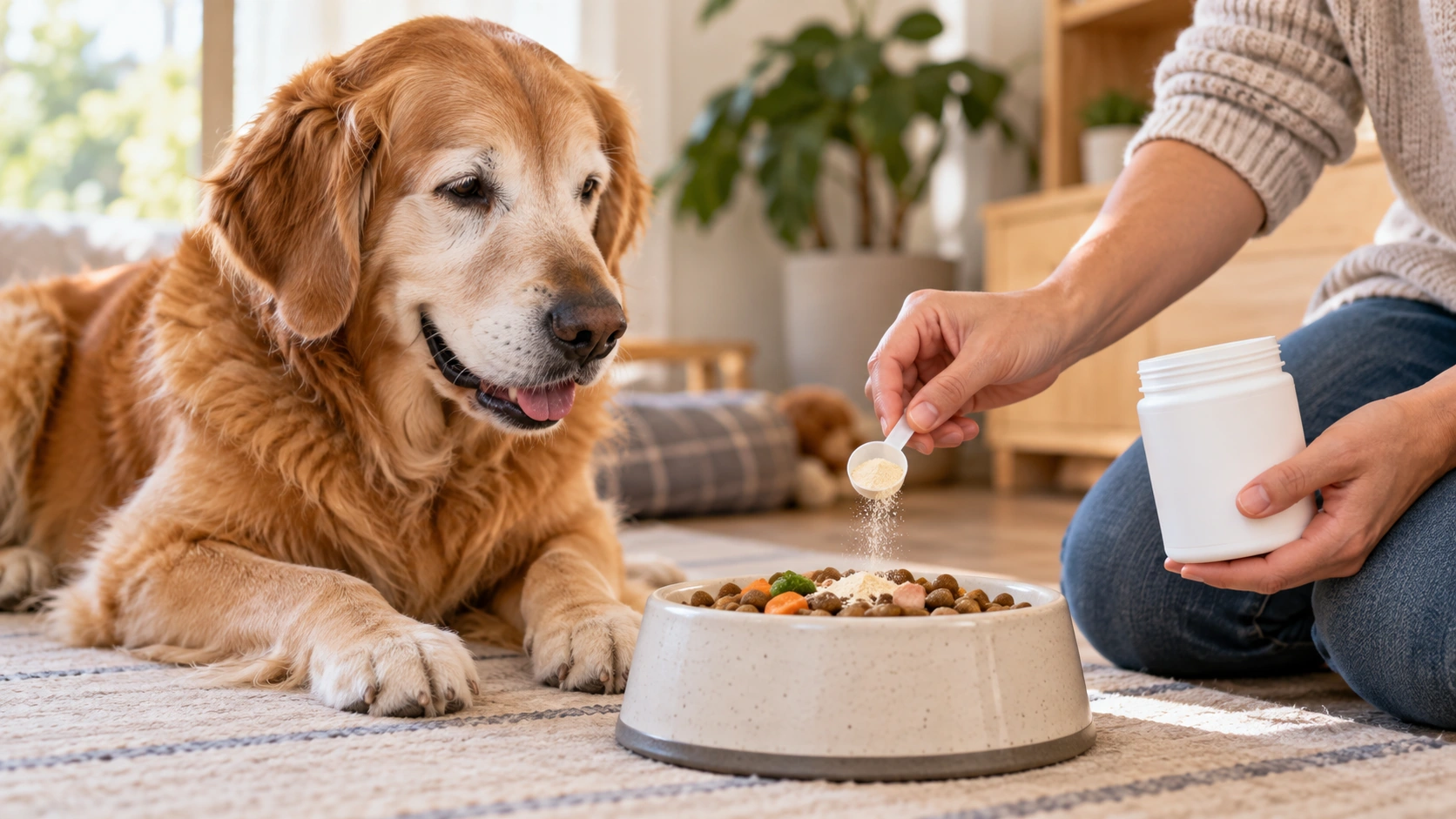 シニア犬の食事に整腸サプリメントを添えている様子