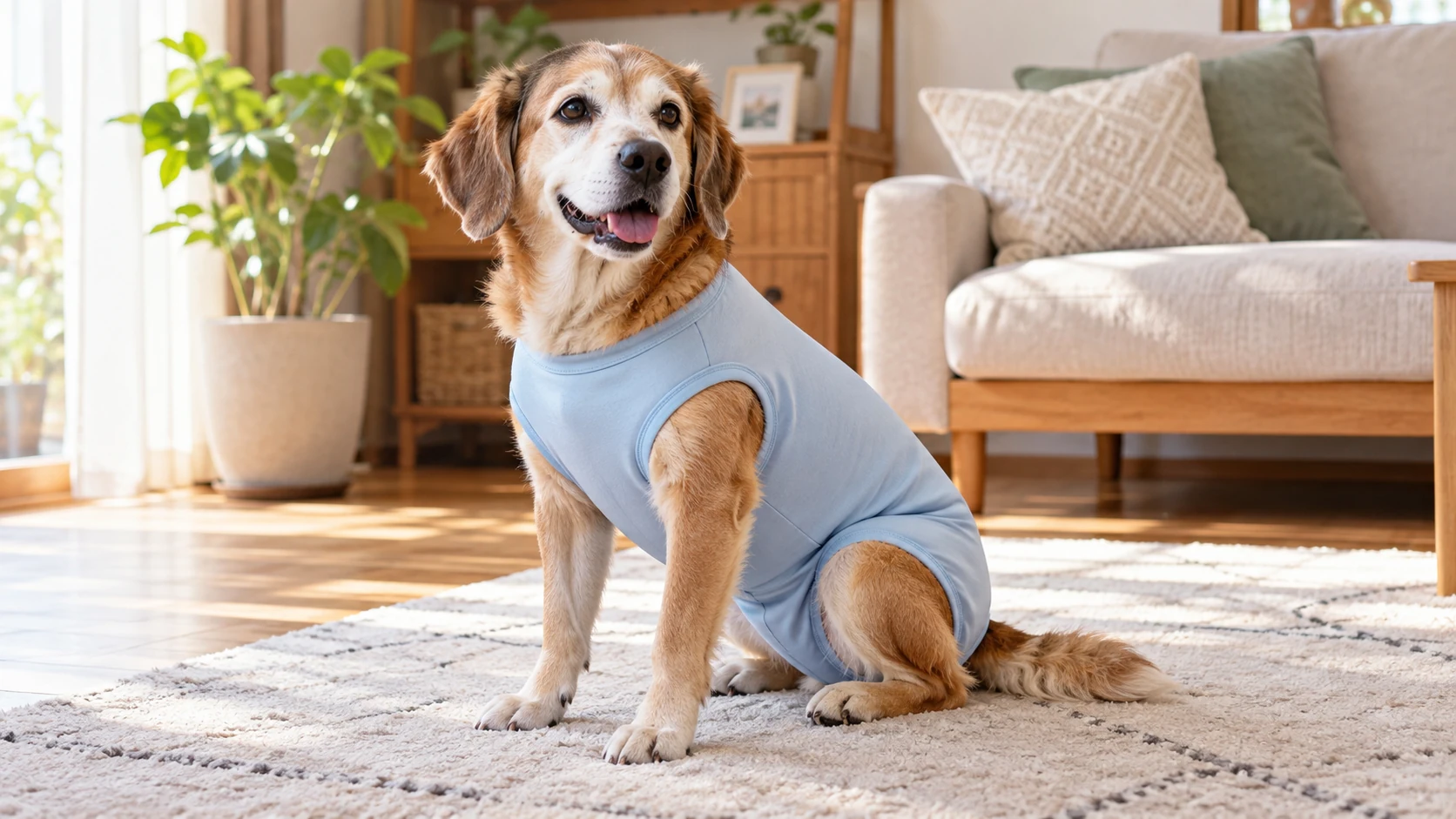 術後服を着てくつろぐシニア犬