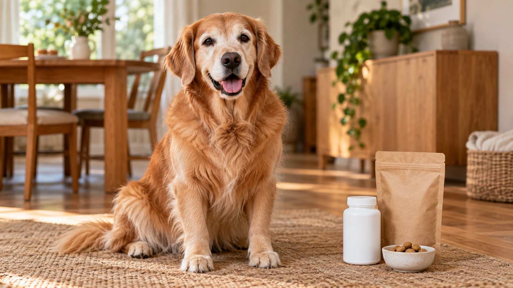 サプリメントのそばで落ち着いているシニア犬の様子
