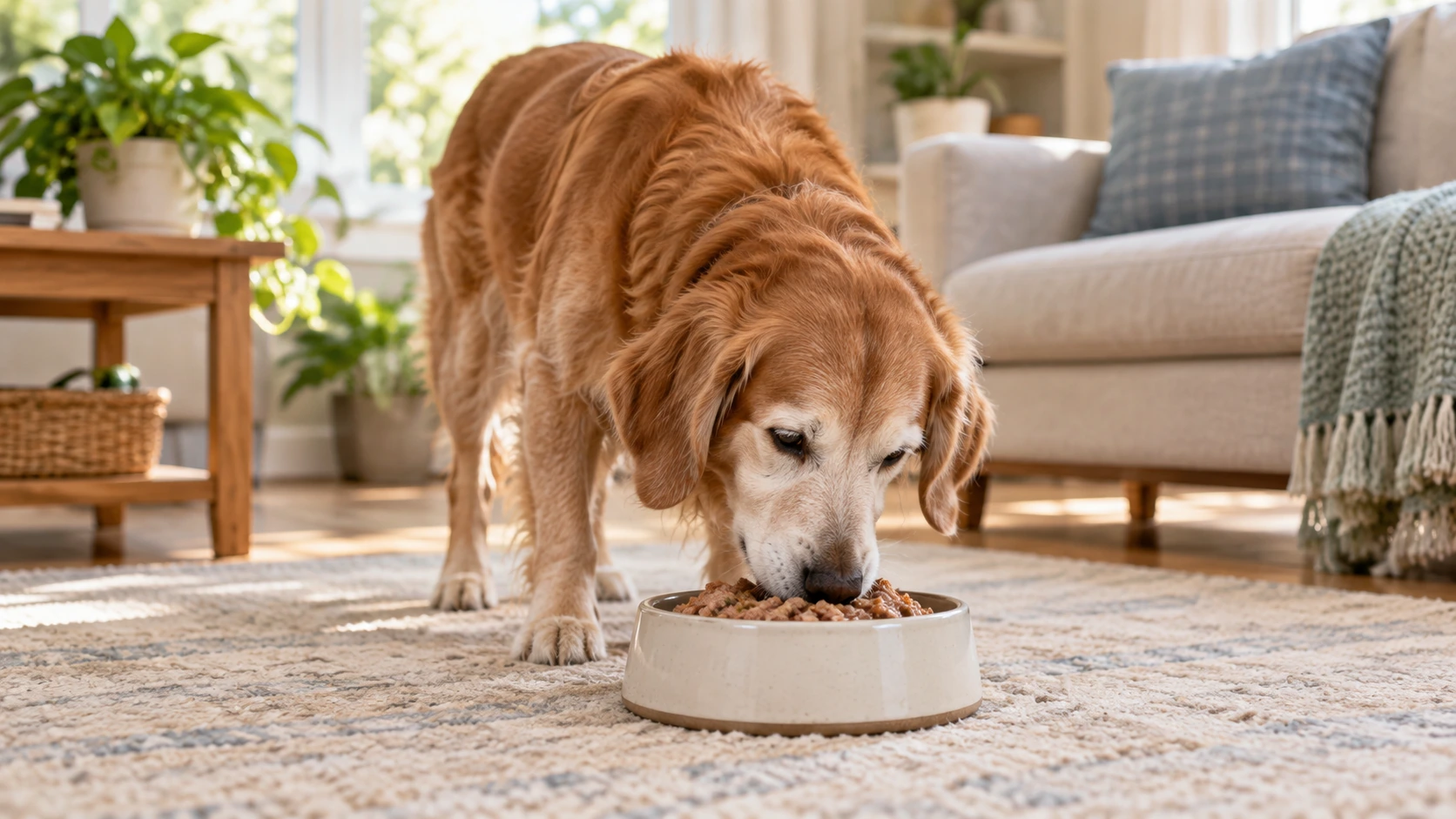 やわらかいフードを食べているシニア犬