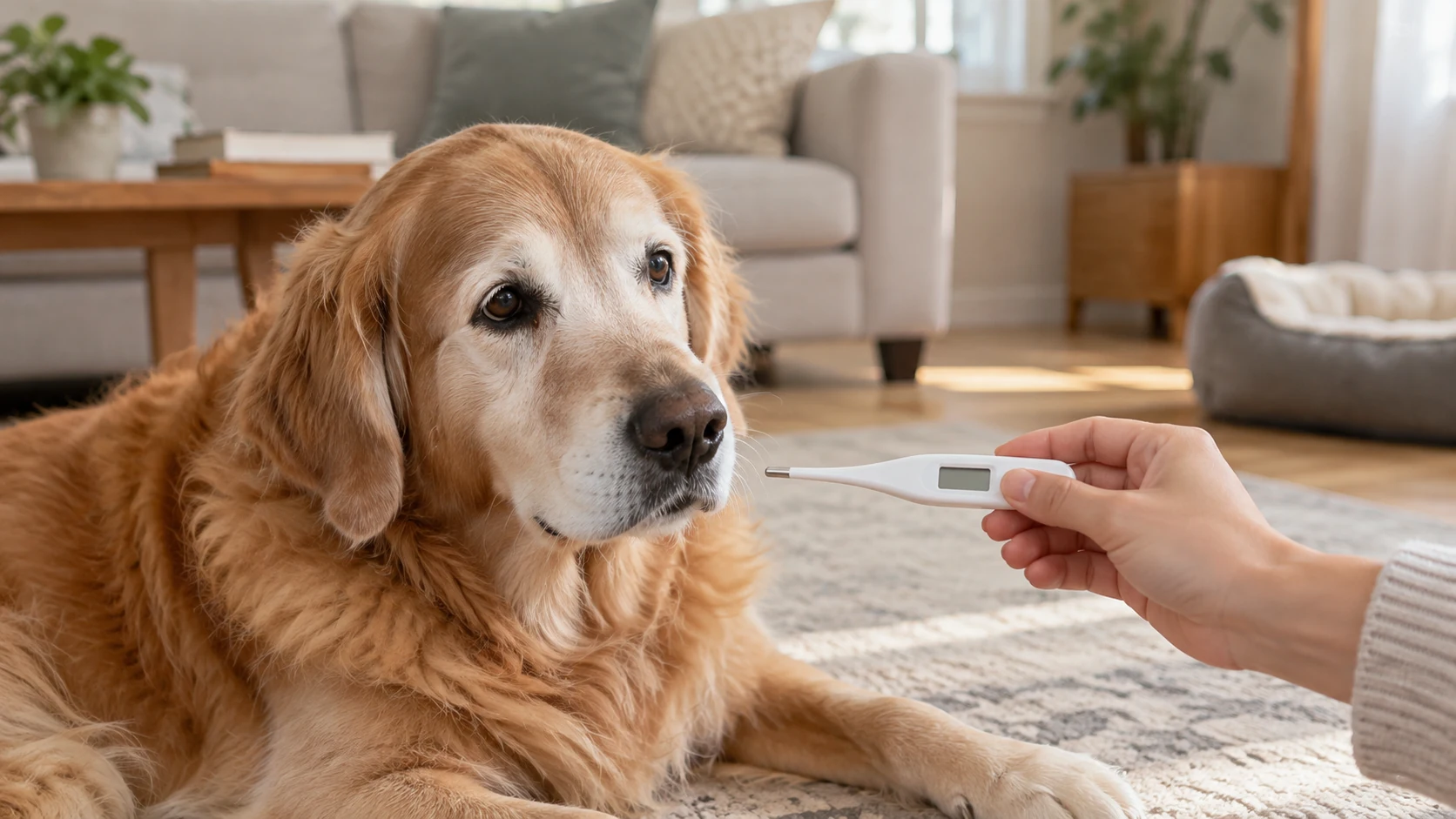 体温計を手に持ち、シニア犬のそばで健康チェックをする様子