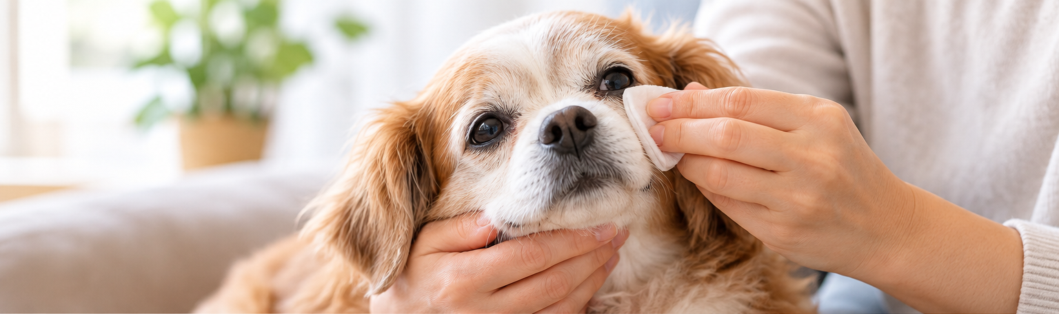 シニア犬の目元をコットンでやさしく拭いている様子