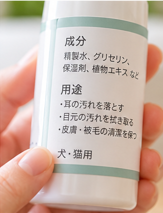 商品パッケージの成分・用途表示を確認している様子