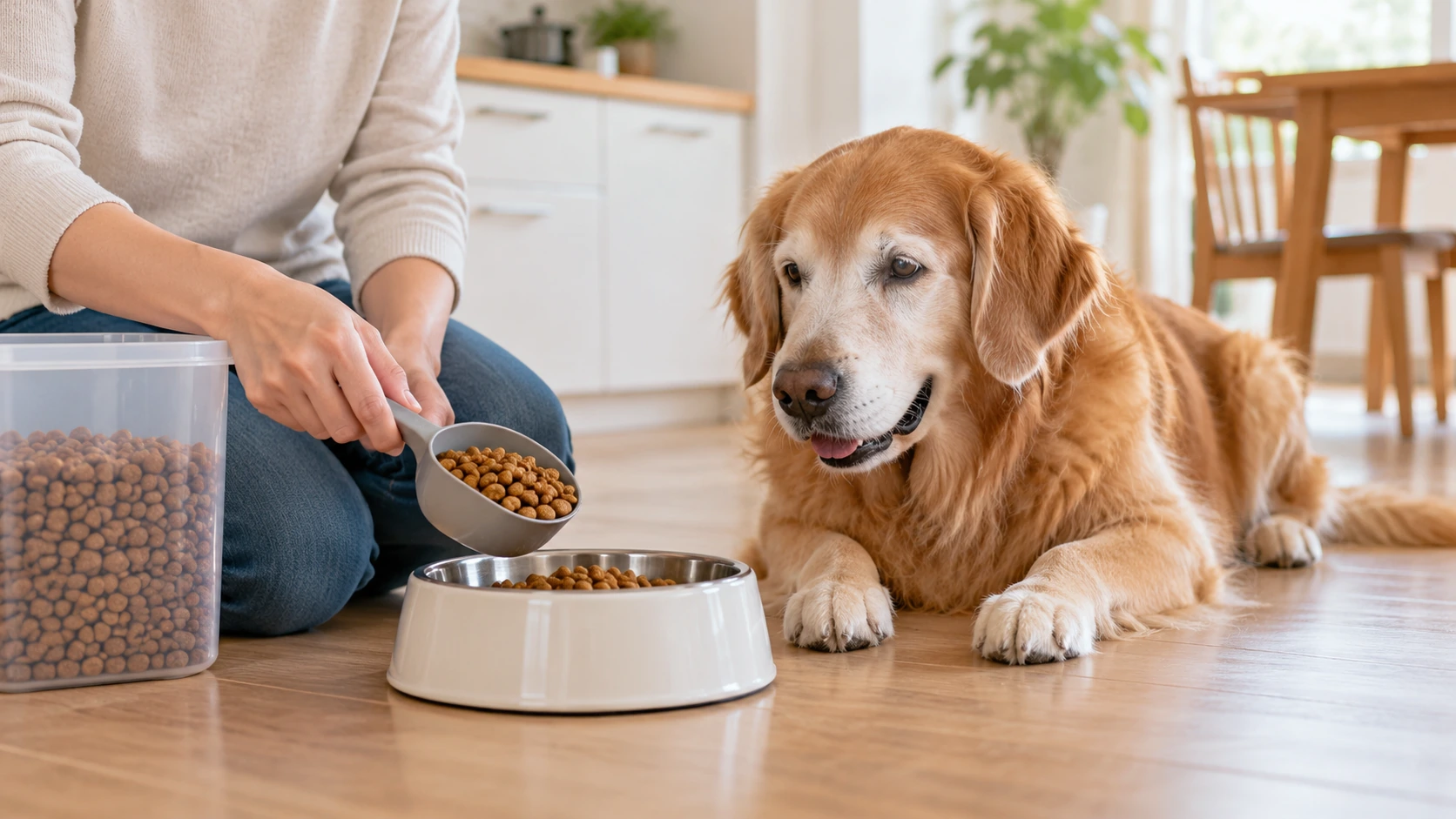 計量スプーンでフードを量る様子とそばで待つシニア犬