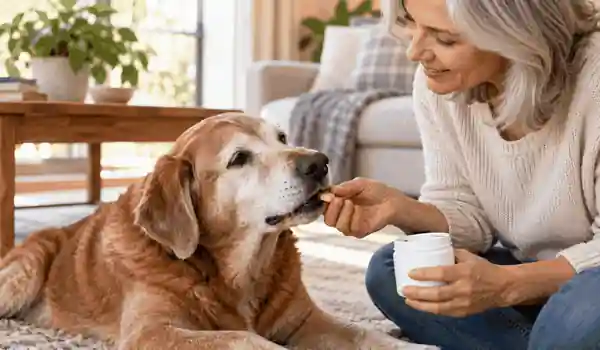 室内でシニア犬に関節ケア用のサプリメントを与えている様子