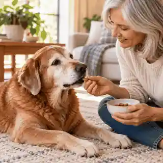 シニア犬に関節ケア用品を日常的に与えている様子
