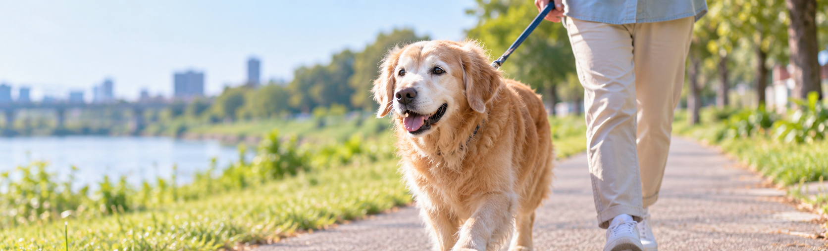 シニア犬が屋外で飼い主と散歩している様子