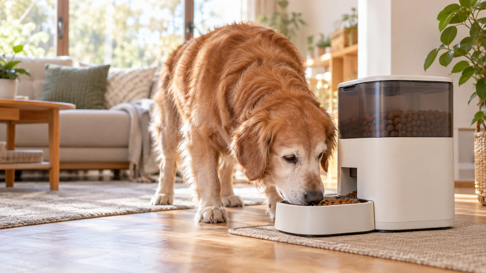 自動給餌器から食事をしているシニア犬の様子