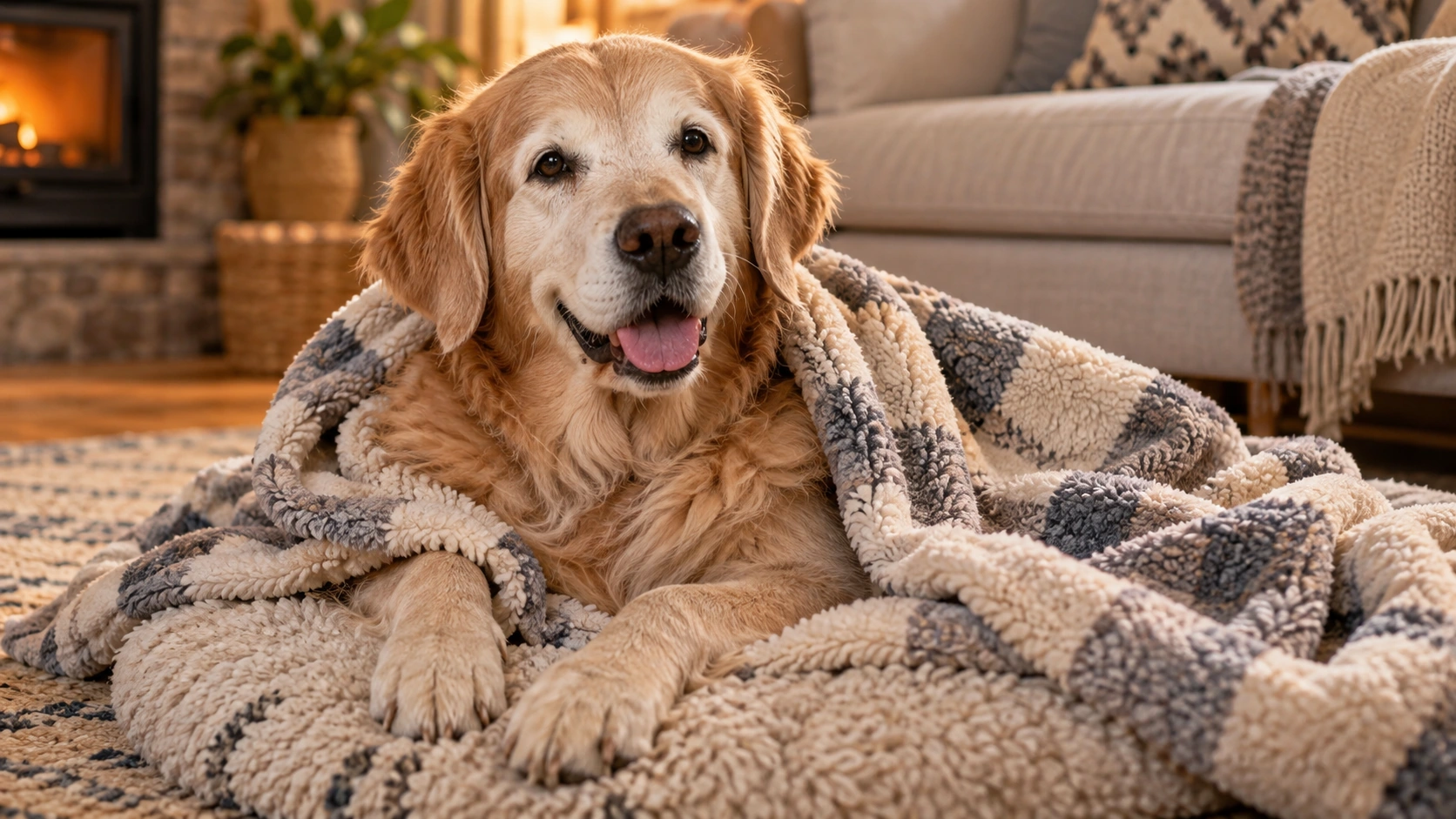 柔らかい毛布にくるまってくつろいでいるシニア犬の様子