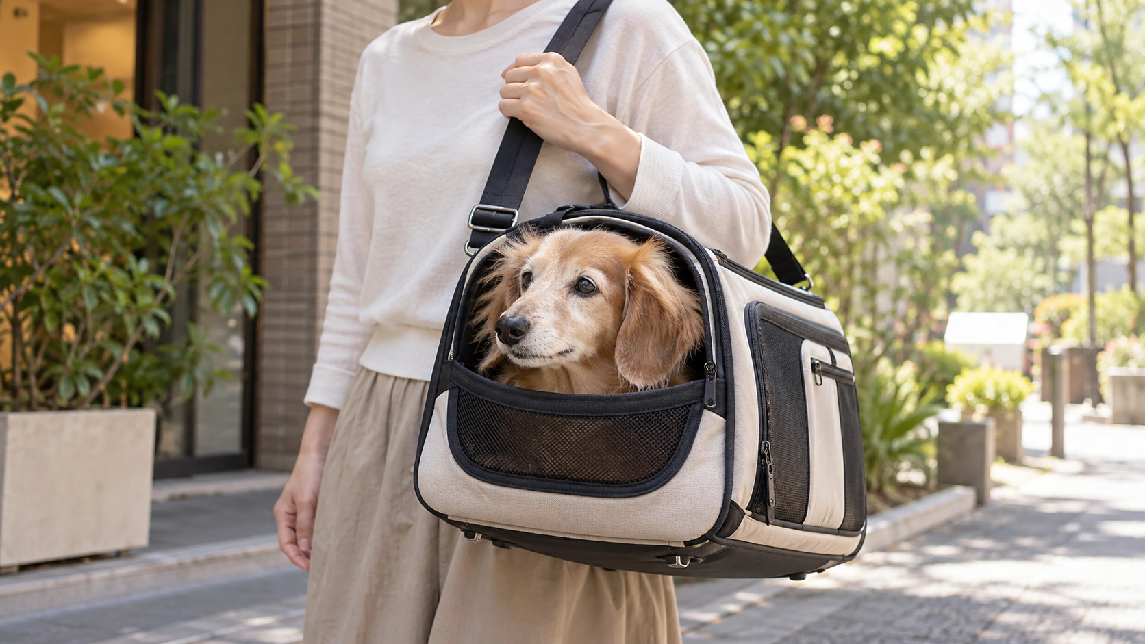 キャリーバッグに入ったシニア犬と飼い主が外出している様子