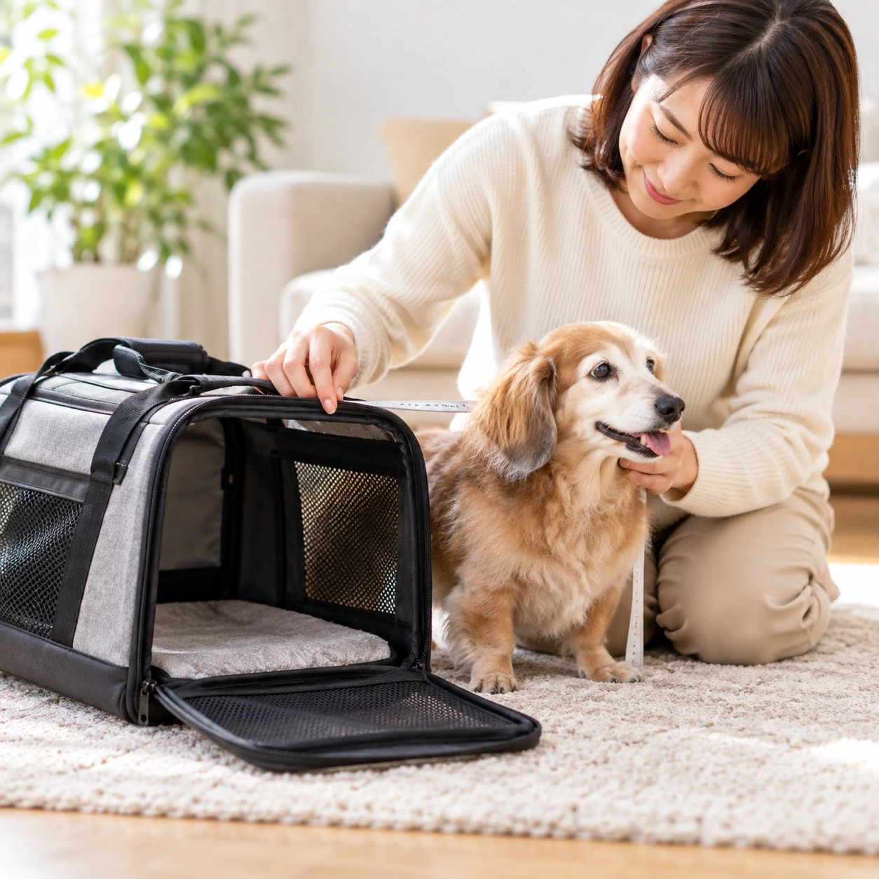 愛犬のサイズをキャリーバッグに合わせて確認している様子