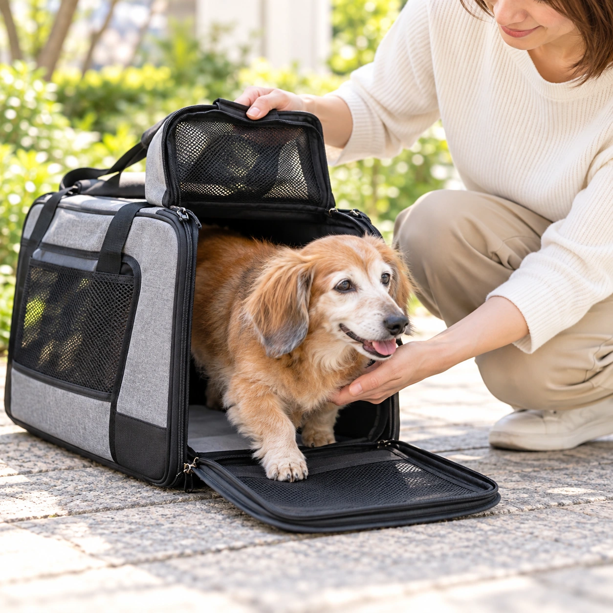 キャリーバッグに入ったシニア犬を抱えている様子