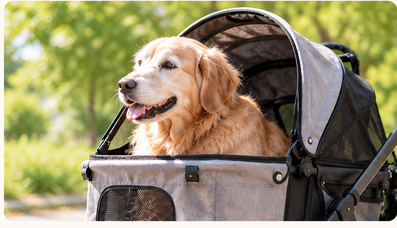 ペットカートに乗った犬の様子(耐荷重の一例)