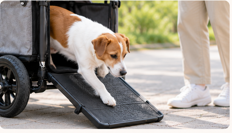 スロープを使って自分で降りる犬の様子