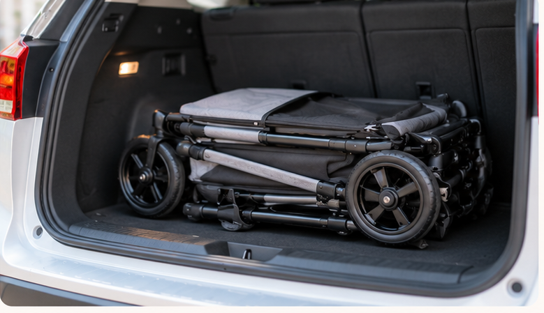 折りたたんだペットカートを車に積み込む様子