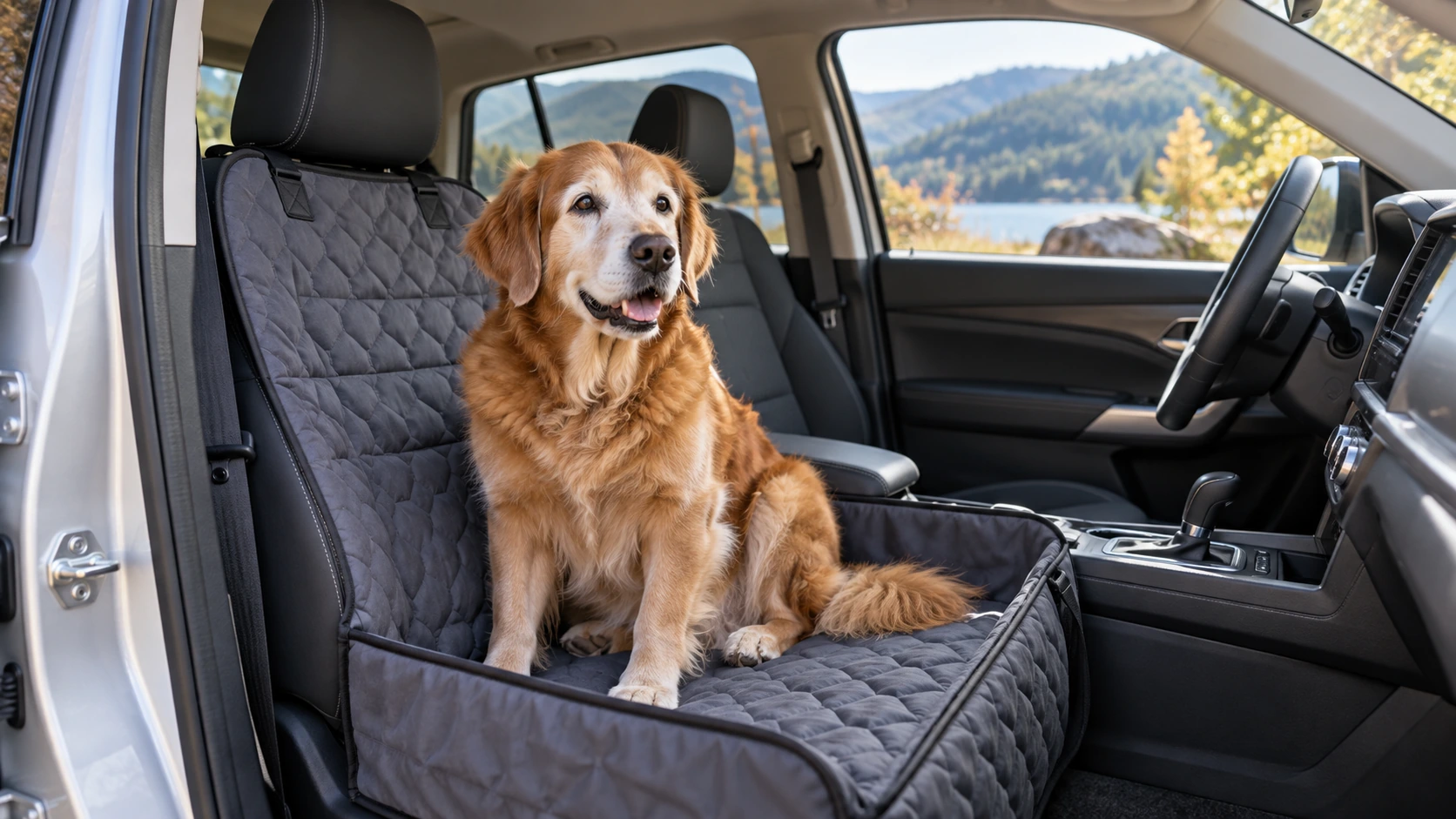 車の座席のドライブシートに座っているシニア犬の様子