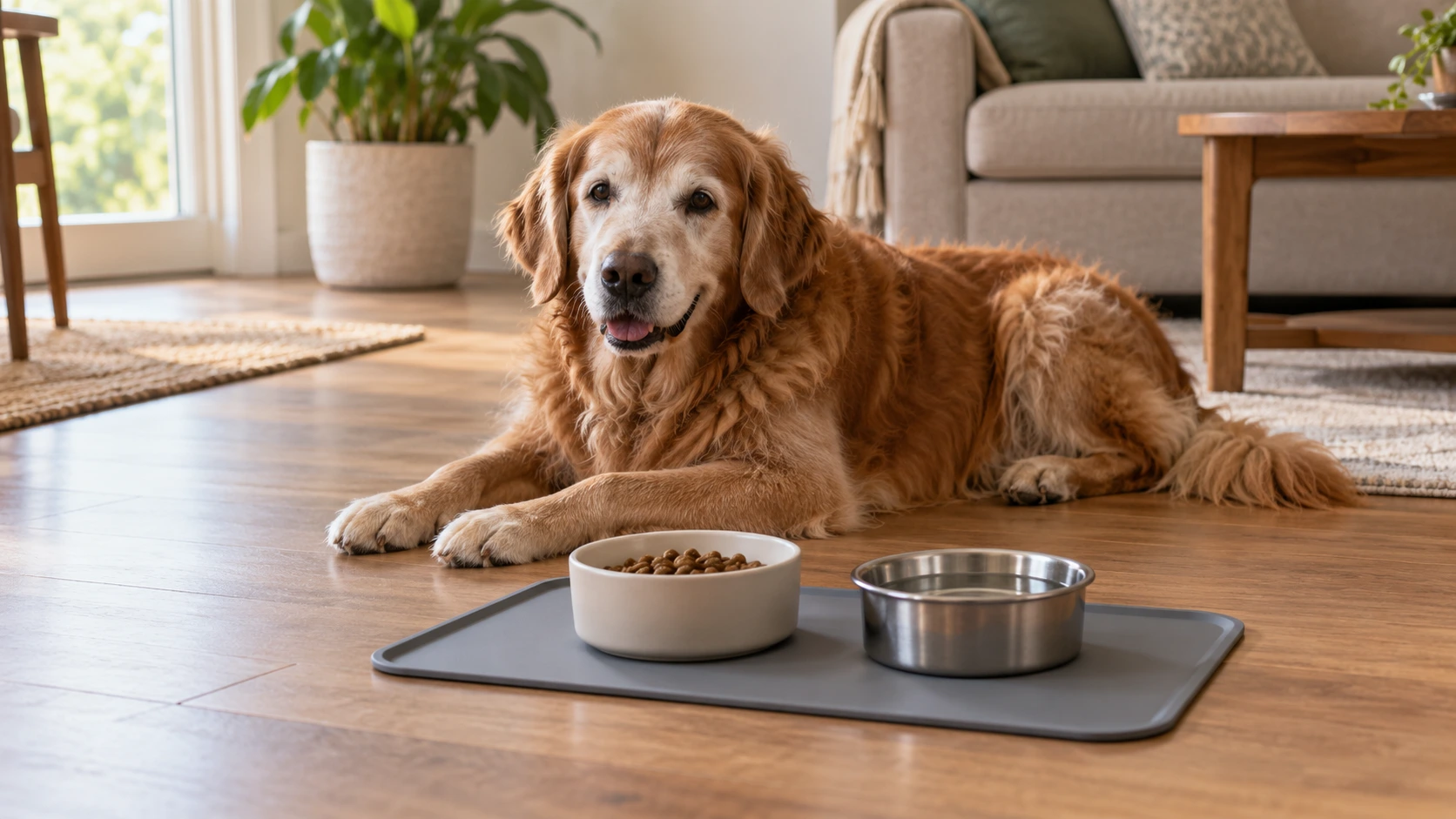 食事マットのそばで落ち着いているシニア犬の様子