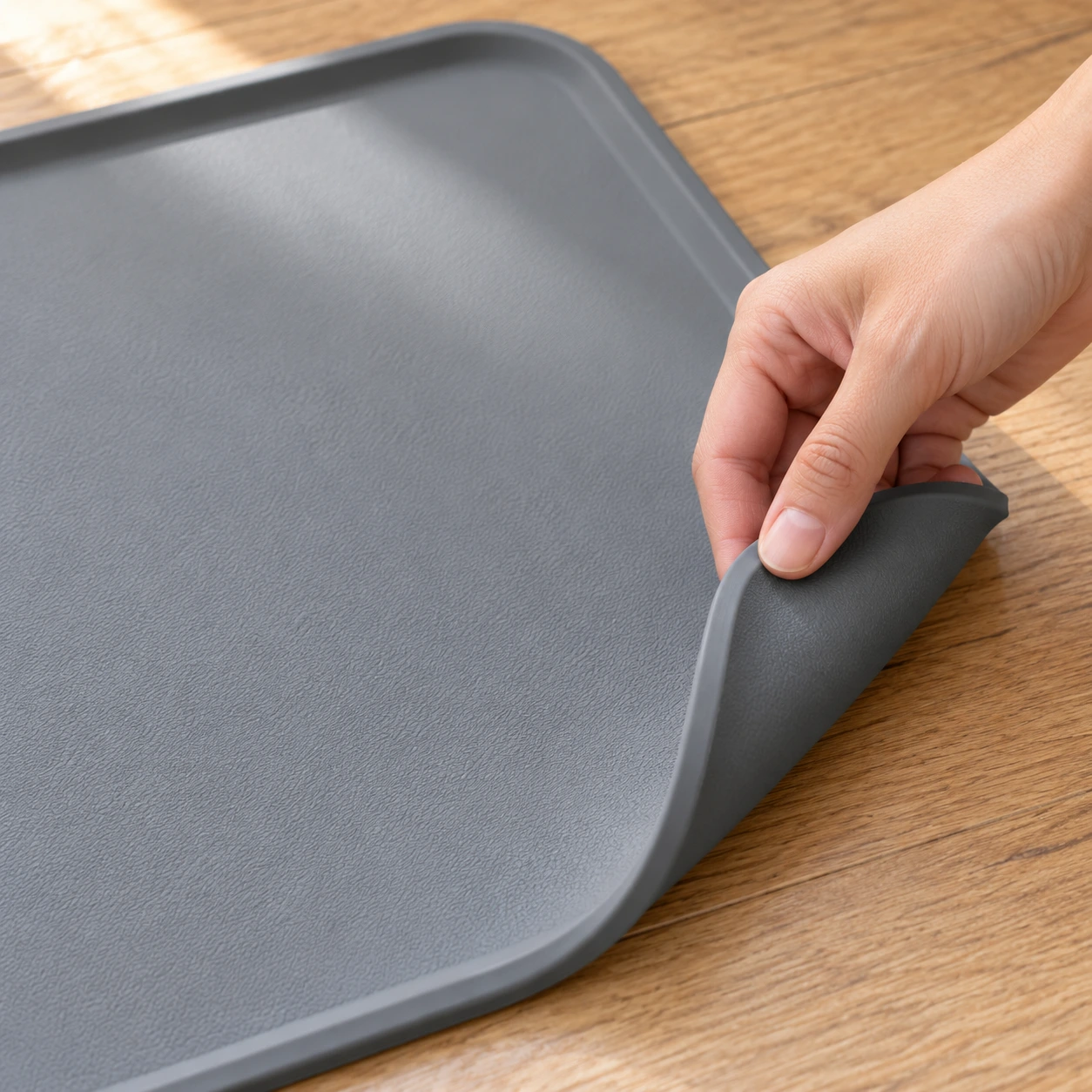 食事マットの素材を手で確認している様子