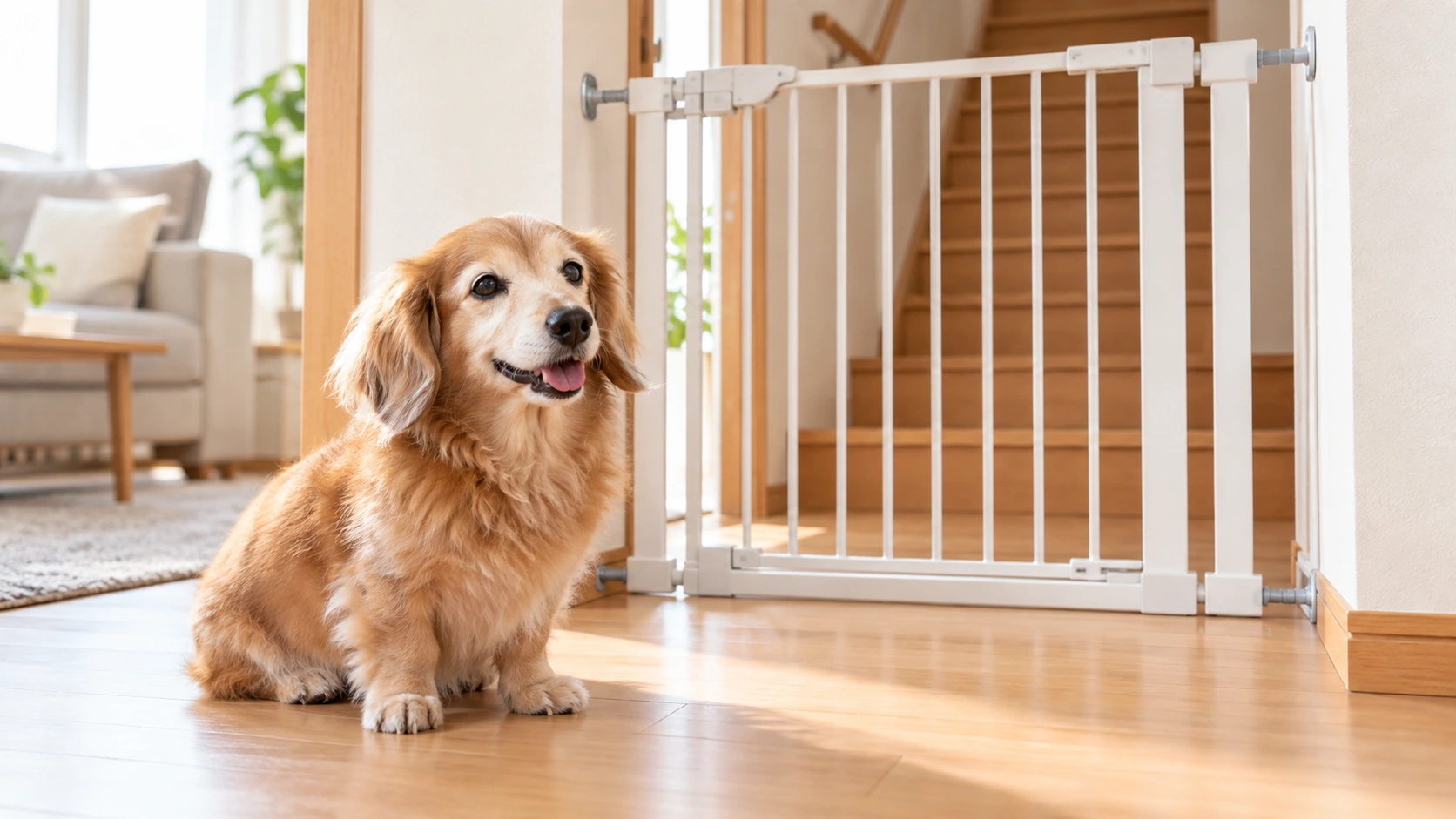 ペットゲートの手前で過ごしているシニア犬の様子