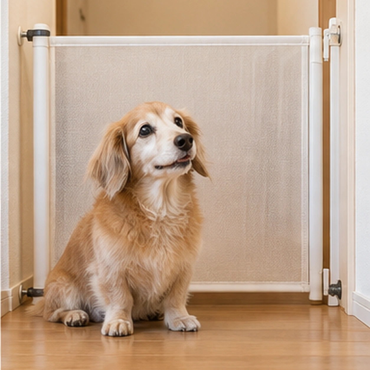 ペットゲートの高さと愛犬の体格を確認している様子