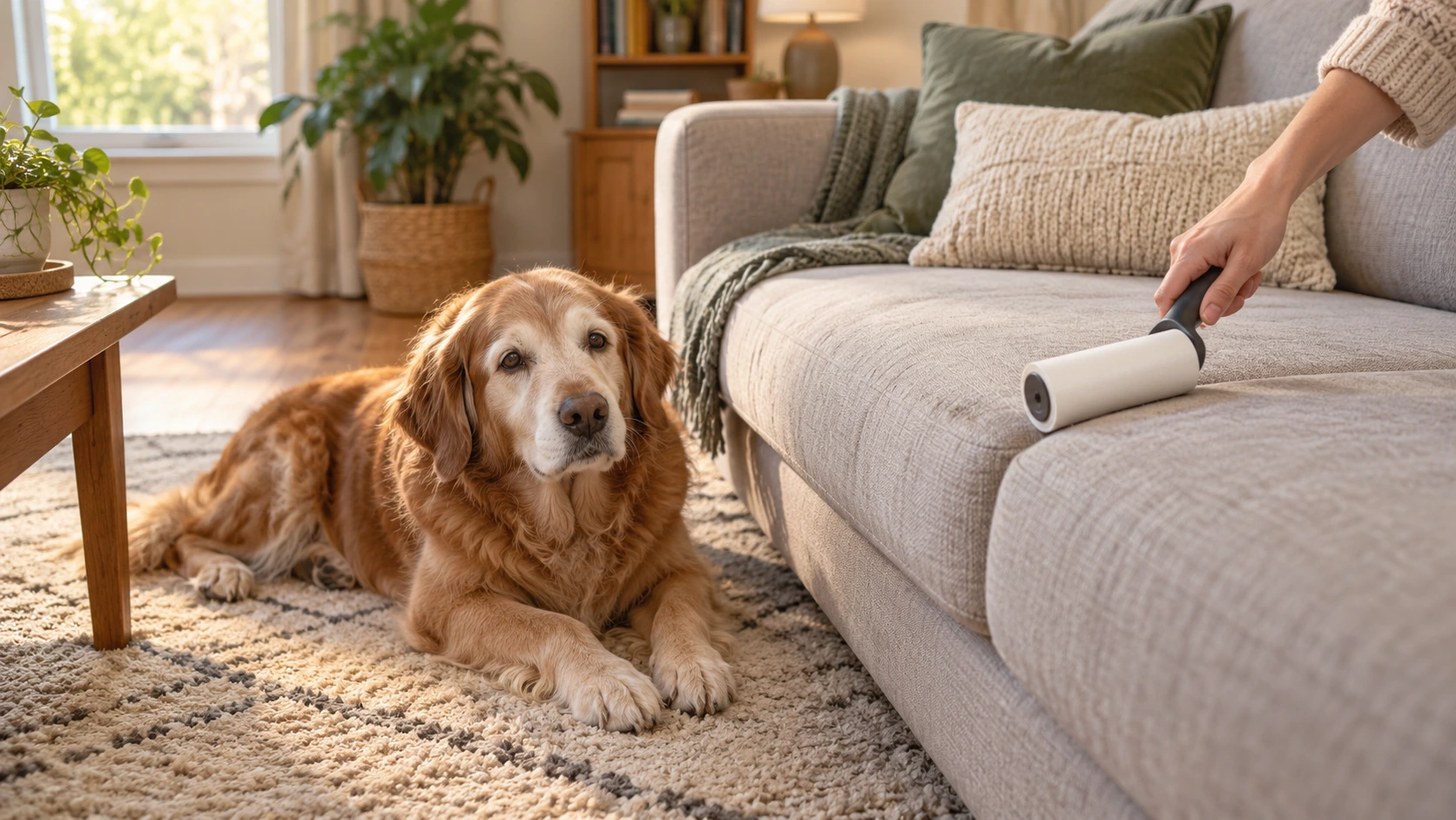 ソファの抜け毛をローラーで掃除する様子とくつろぐシニア犬