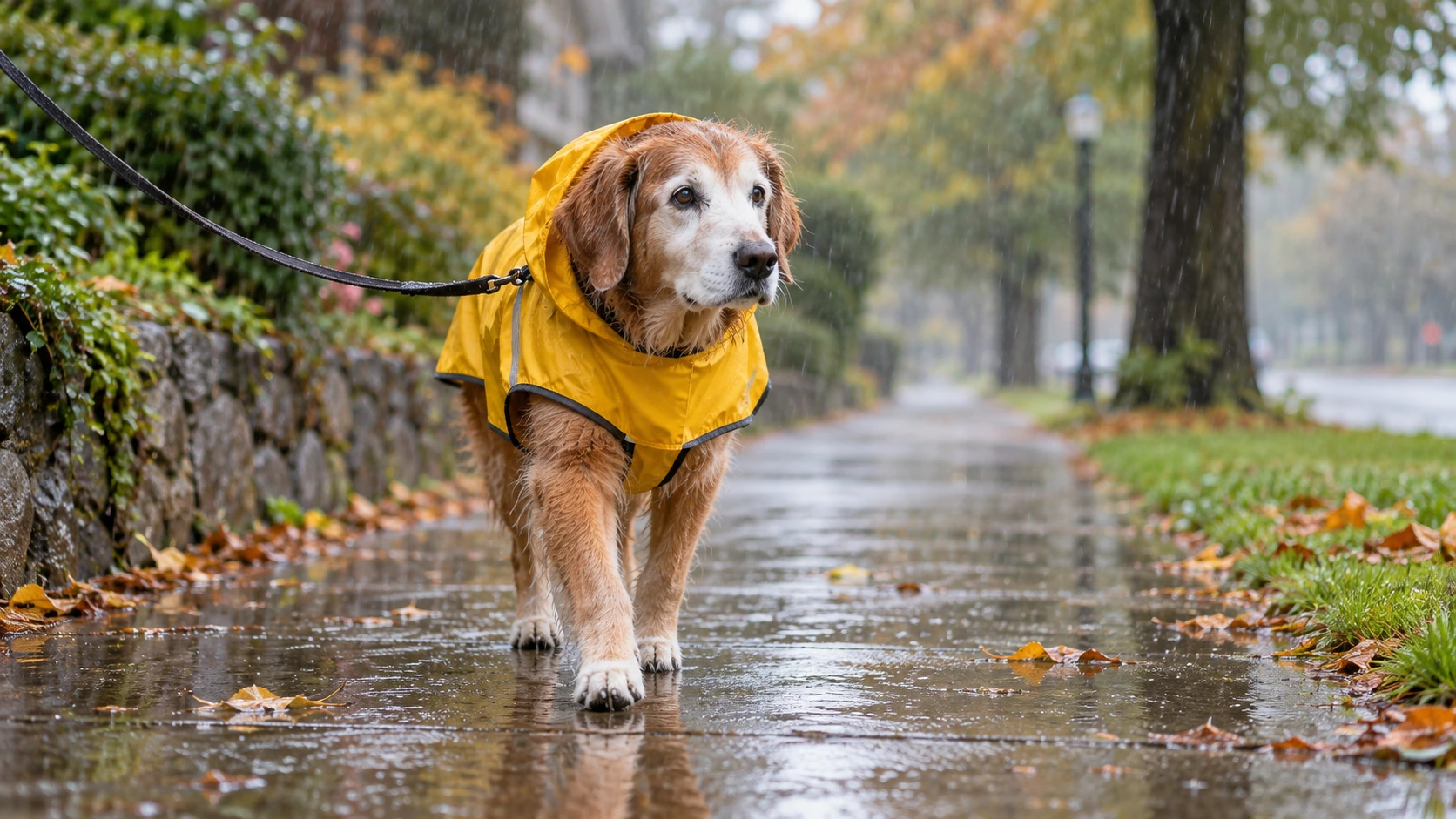 雨の日の散歩でレインコートを着ているシニア犬の様子