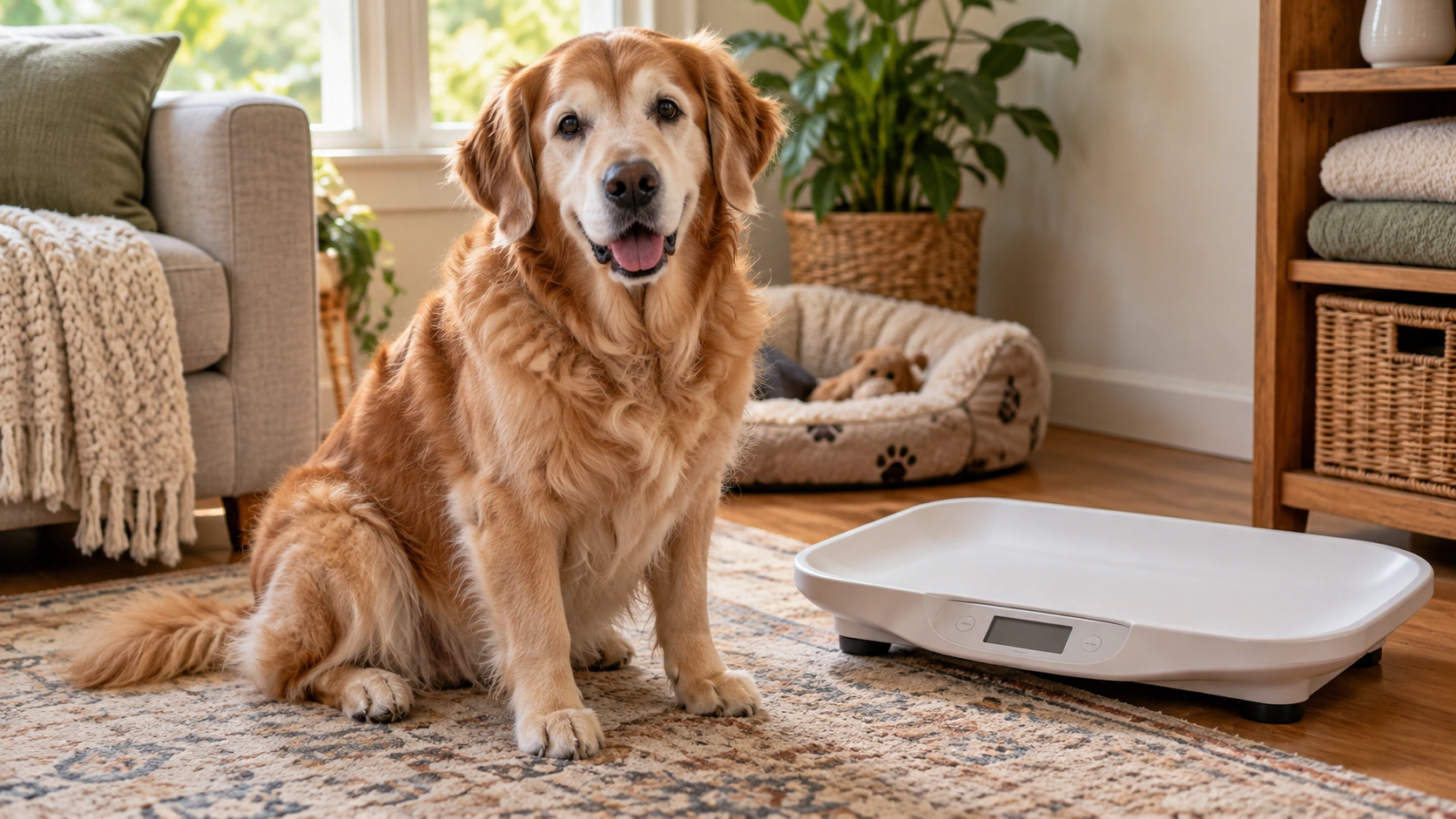 体重計の近くで落ち着いて過ごしているシニア犬の様子