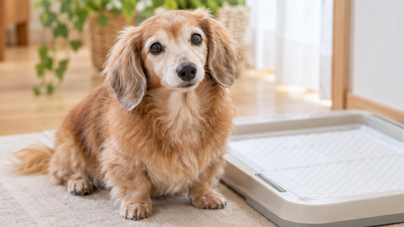 トイレトレーのそばで落ち着いているシニア犬の様子